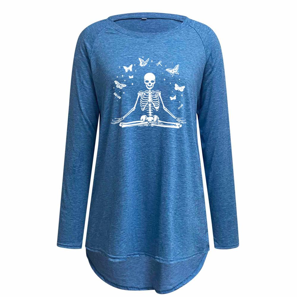 Skeleton and Butterfly Print Round Neck Long Sleeve Tee