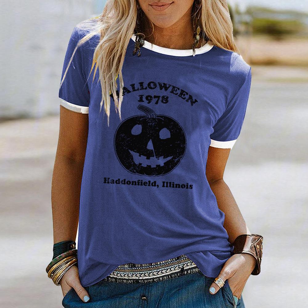 Halloween 1978 and Pumpkin Print Contrast Trim Crewneck Short Sleeve Tee