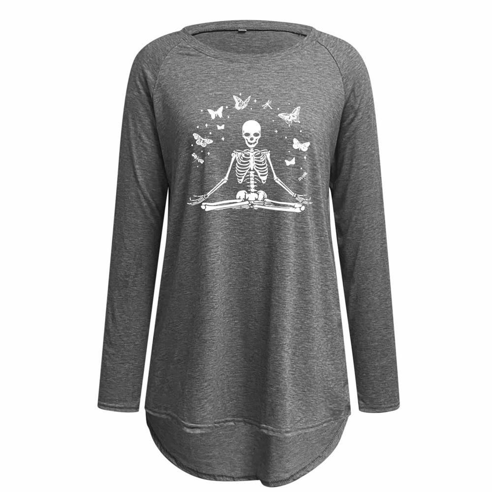 Skeleton and Butterfly Print Round Neck Long Sleeve Tee