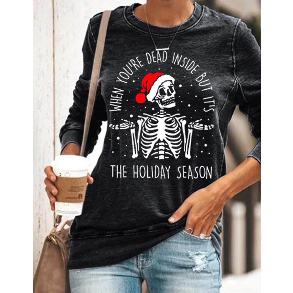 Letter and Skeleton Print Round Neck Long Sleeve Sweatshirt