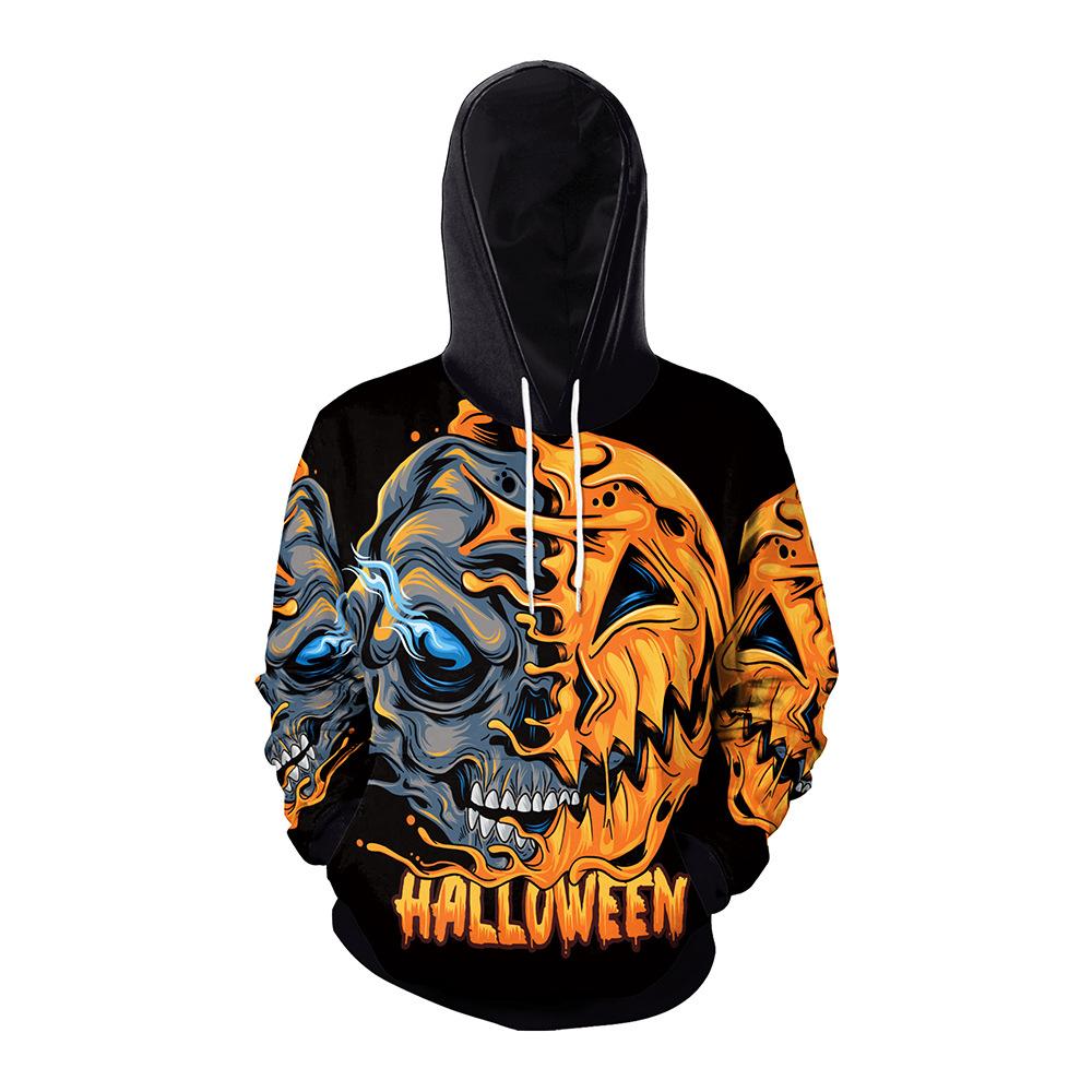 Halloween Pumpkin & Skeleton Print Kangaroo Pocket Drawstring Hoodie