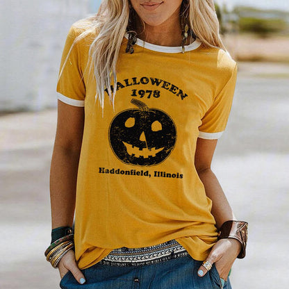 Halloween 1978 and Pumpkin Print Contrast Trim Crewneck Short Sleeve Tee