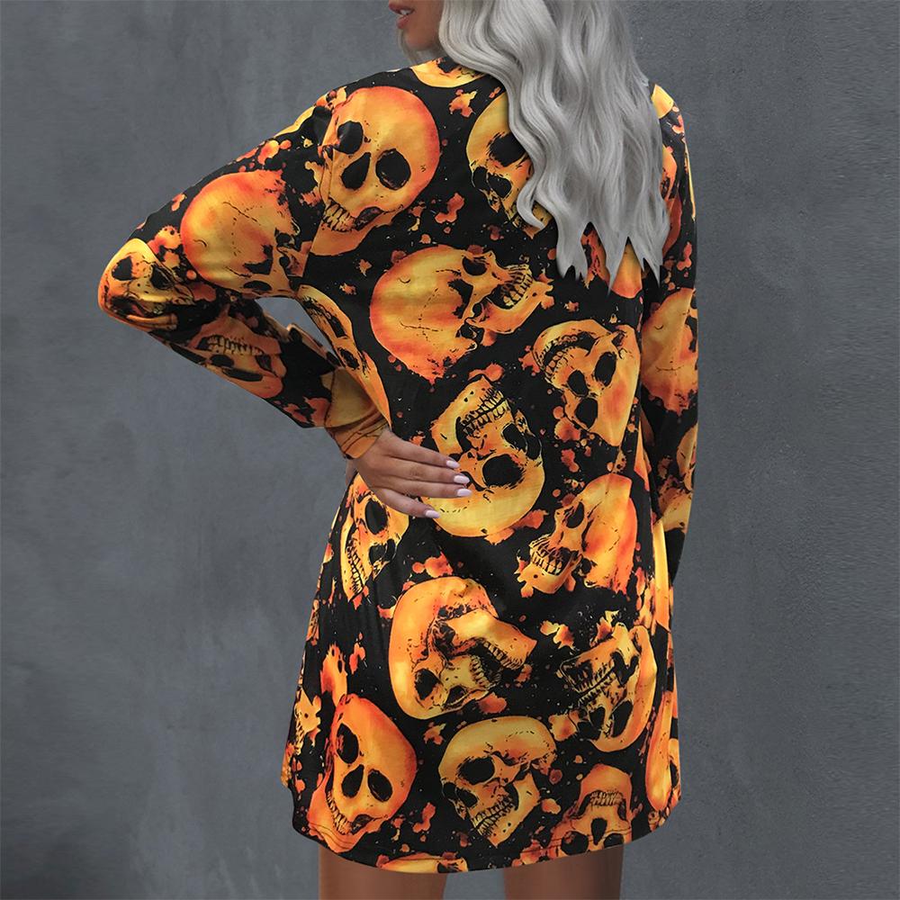 Halloween Allover Print Open Front Long Sleeve Coat