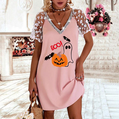 Halloween Pumpkin and Ghost Print V Neck Contrast Lace Short Sleeve Dress