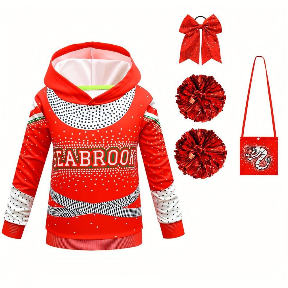 Girls Cheerleader Cosplay Costume Long Sleeve Hoodie and Bag Poms Headwear Suit