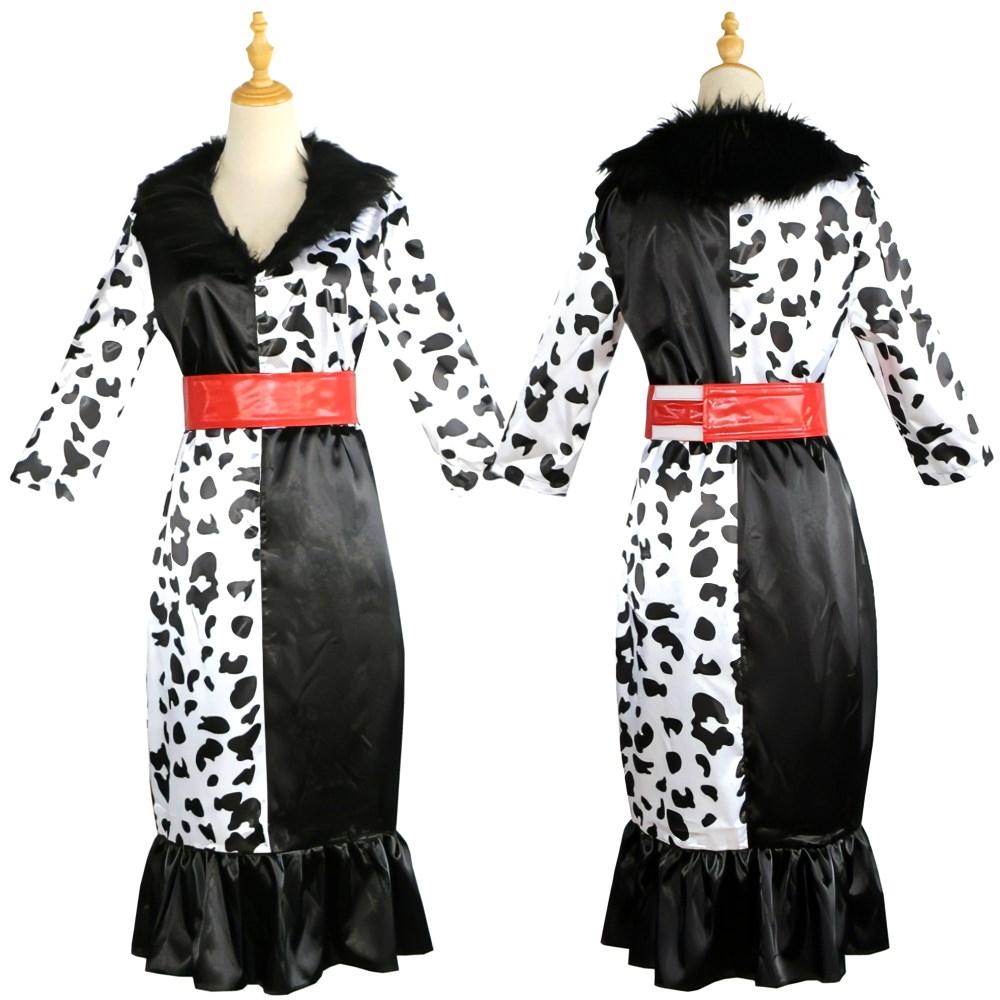 Dalmatian Print Overcoat Cosplay Costume Black White Dress Glove Cape Full Set