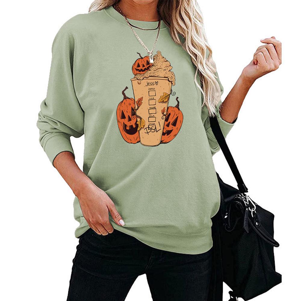 Pumpkin and Ice Cream Print Round Neck Long Sleeve Sweatshirt