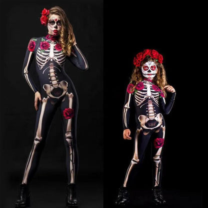 Halloween Cosplay Costume Skeleton Rose Print Jumpsuit for Child and Aldult