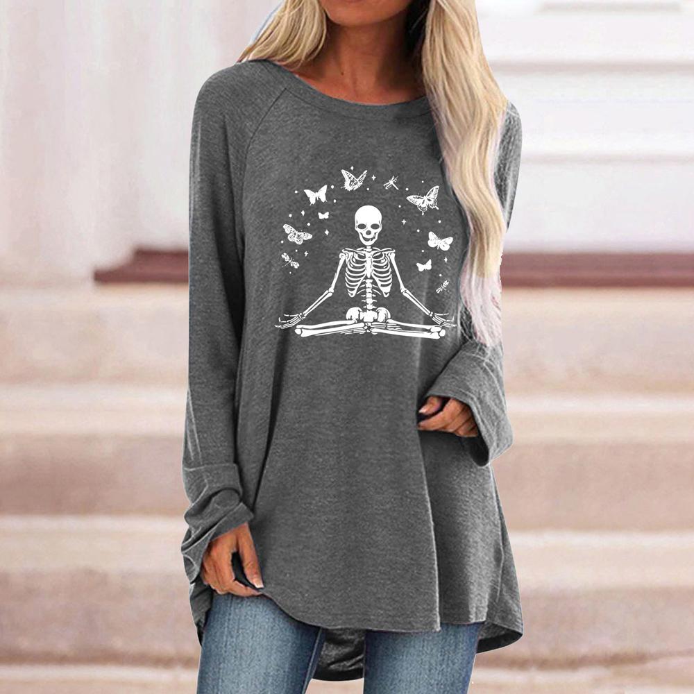 Skeleton and Butterfly Print Round Neck Long Sleeve Tee