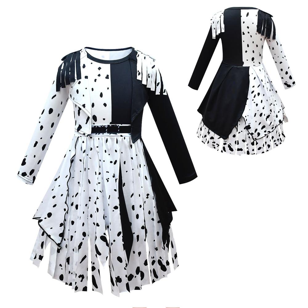 Girls White/Black Tassel Dress Colorblock Dalmatian Print Costume for Cosplay