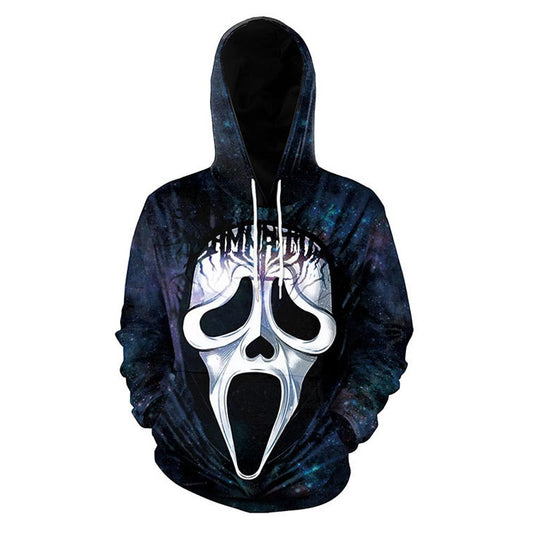 Halloween Horror Mask Print Kangaroo Pocket Drawstring Hoodie