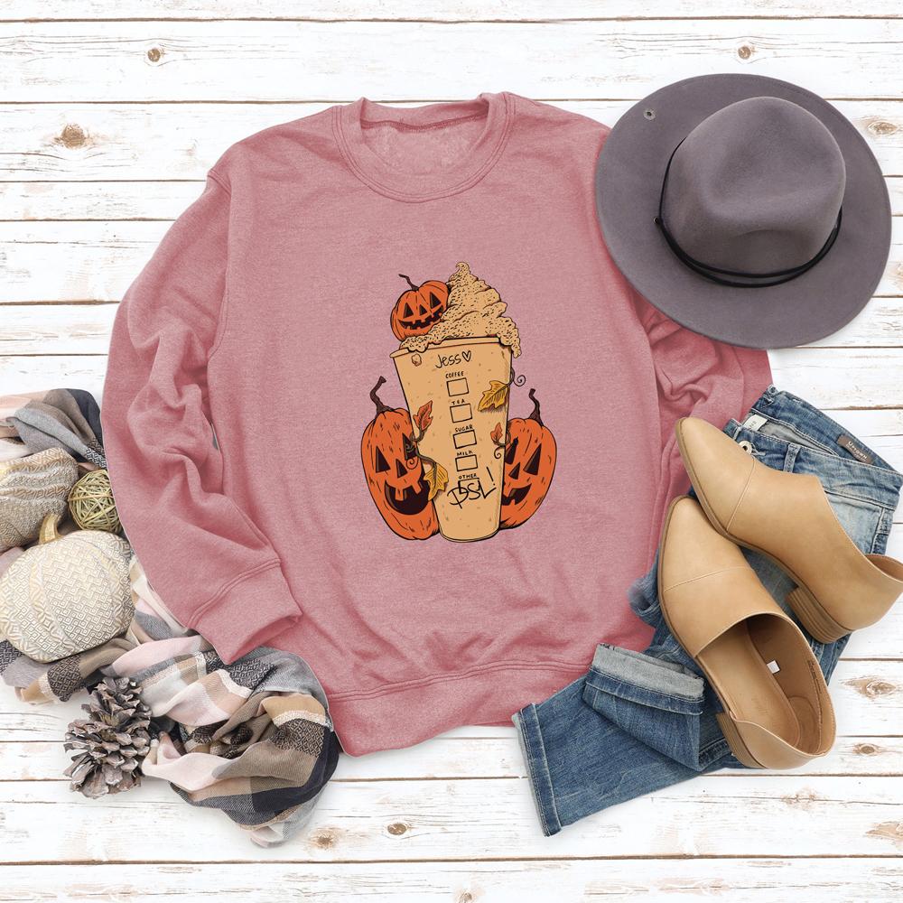 Pumpkin and Ice Cream Print Round Neck Long Sleeve Sweatshirt