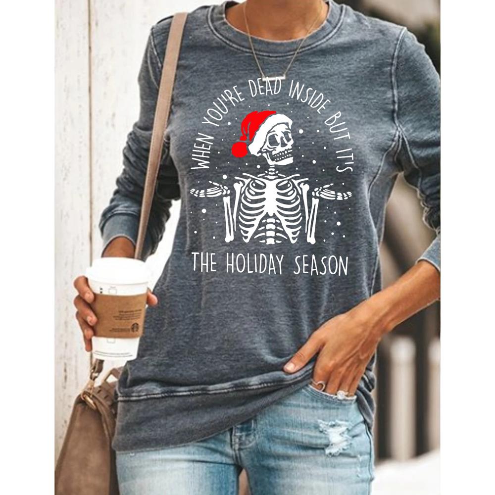 Letter and Skeleton Print Round Neck Long Sleeve Sweatshirt