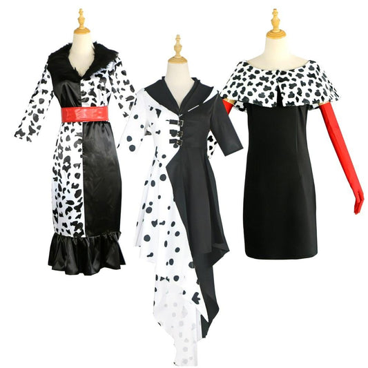 Dalmatian Print Overcoat Cosplay Costume Black White Dress Glove Cape Full Set