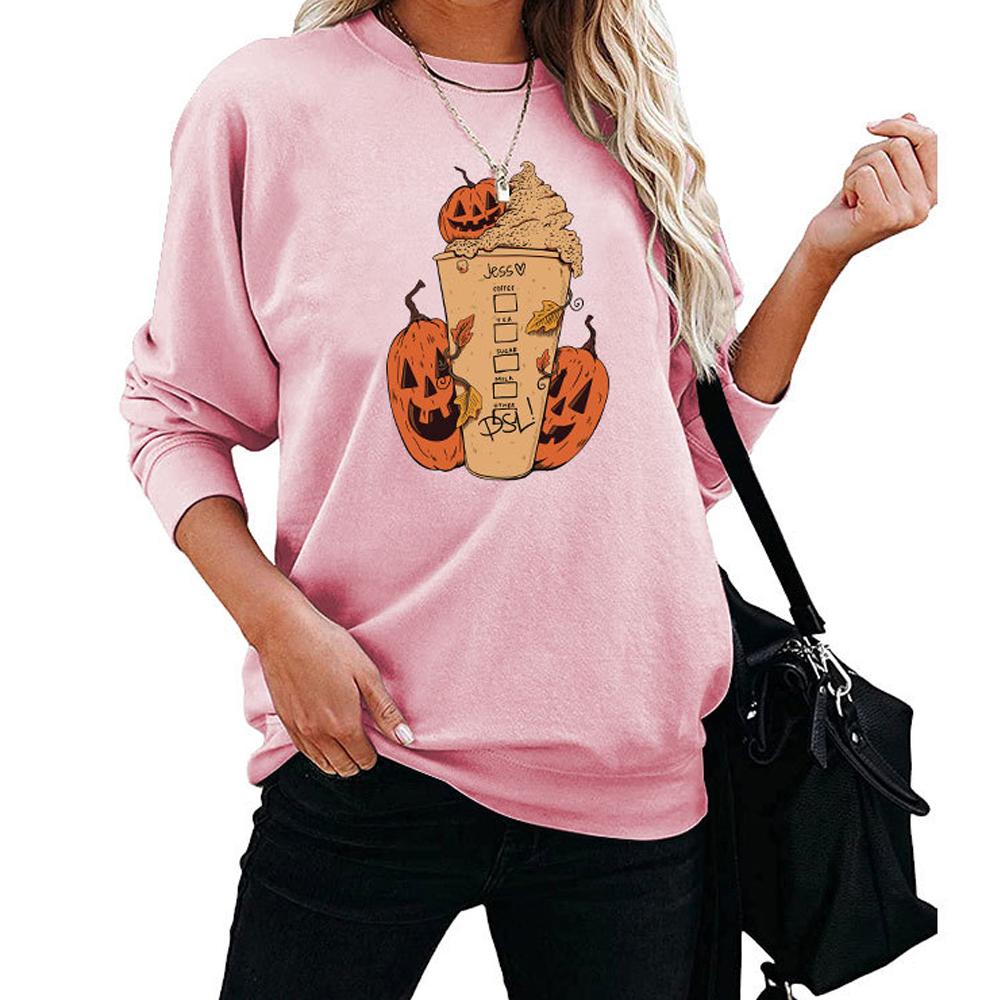 Pumpkin and Ice Cream Print Round Neck Long Sleeve Sweatshirt