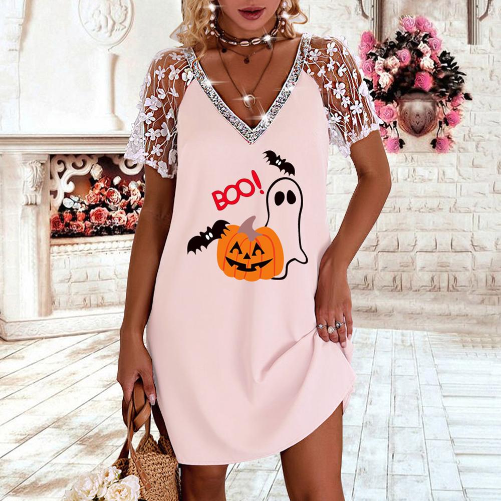 Halloween Pumpkin and Ghost Print V Neck Contrast Lace Short Sleeve Dress