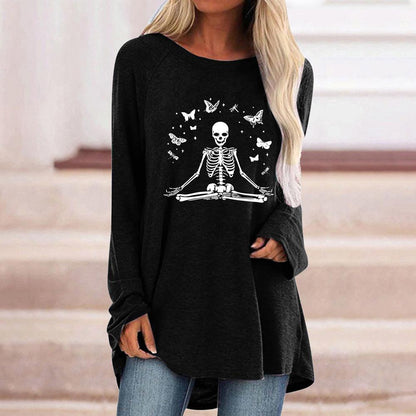 Skeleton and Butterfly Print Round Neck Long Sleeve Tee