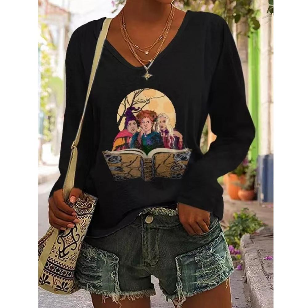 Halloween Witch V Neck Long Sleeve T-Shirt