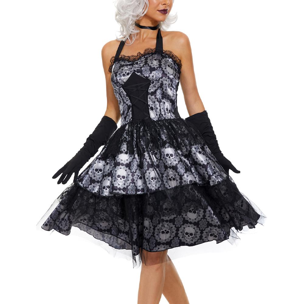 Halloween Skeleton Print Mesh Panel Backless Dress Costume