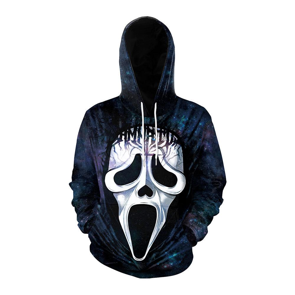 Halloween Horror Mask Print Kangaroo Pocket Drawstring Hoodie