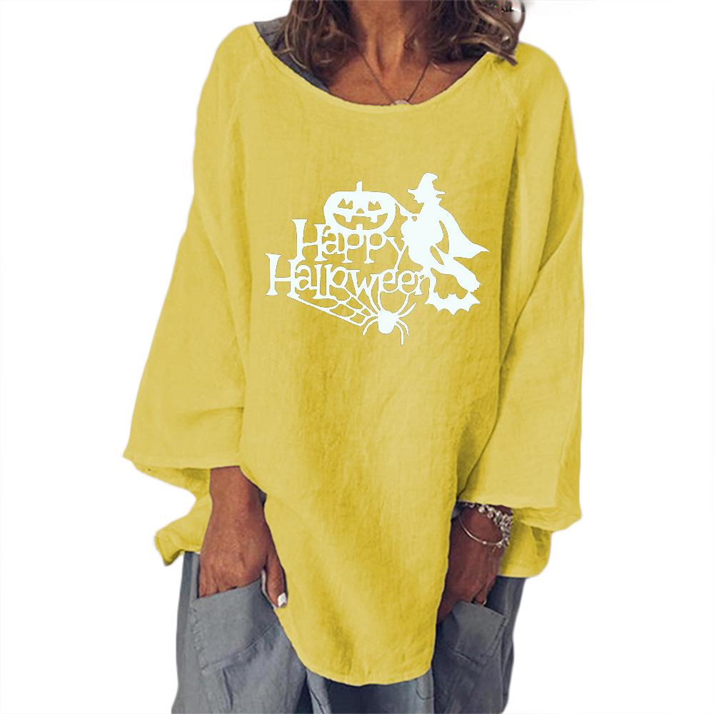 Halloween Pumpkin and Witch Print Crewneck Long Sleeve Blouse