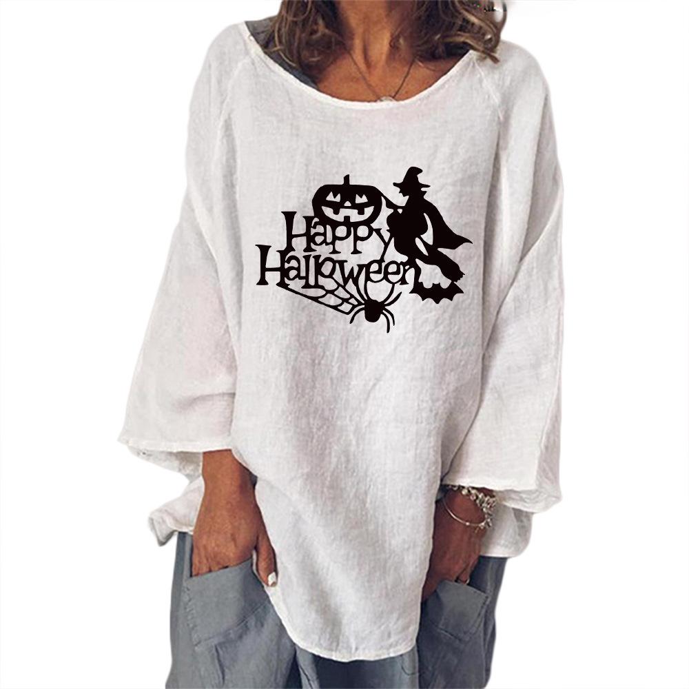 Halloween Pumpkin and Witch Print Crewneck Long Sleeve Blouse