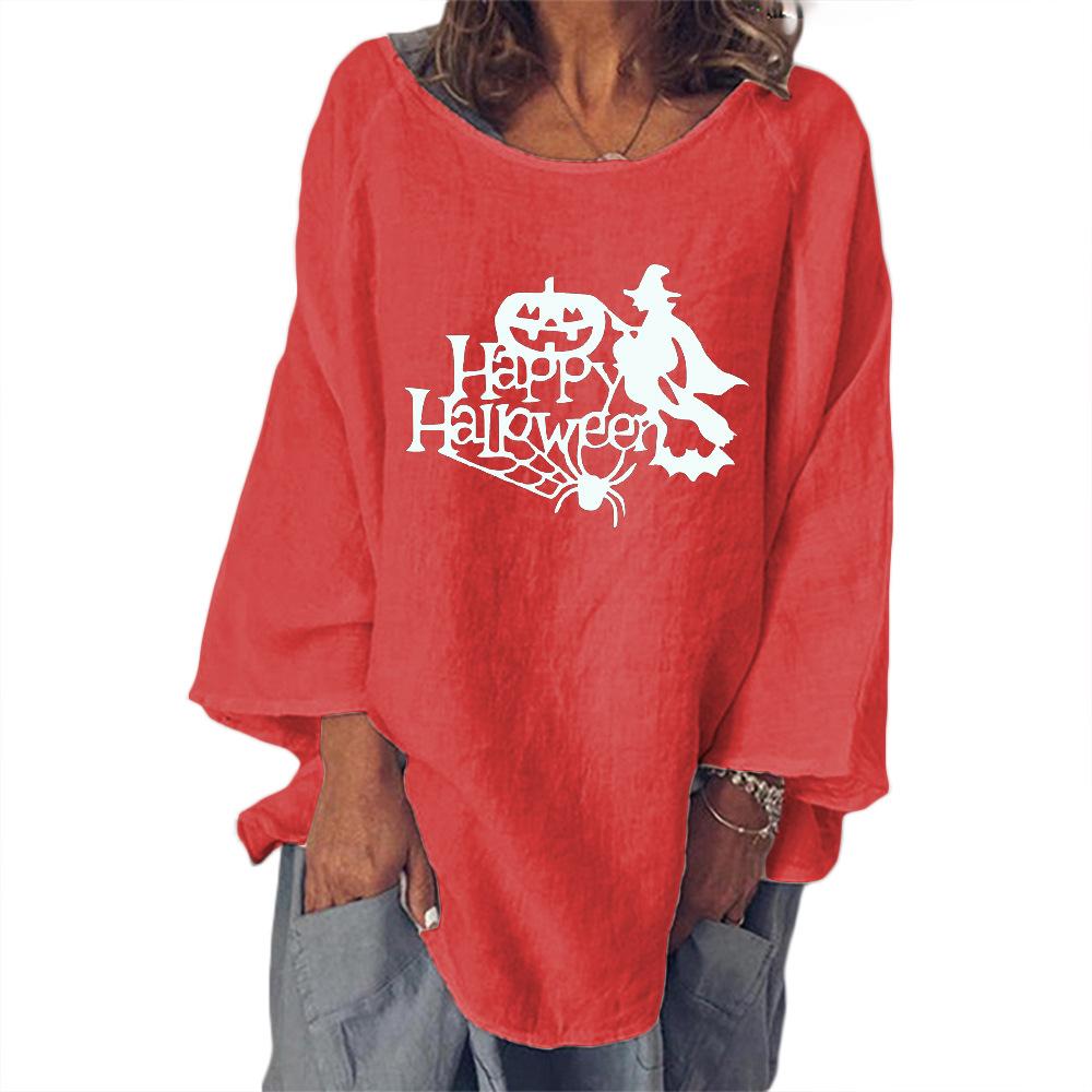 Halloween Pumpkin and Witch Print Crewneck Long Sleeve Blouse