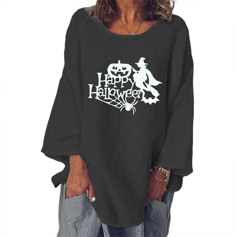 Halloween Pumpkin and Witch Print Crewneck Long Sleeve Blouse